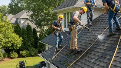 Atlanta, GA roof cleaning service removing algae and moss from a residential roof
